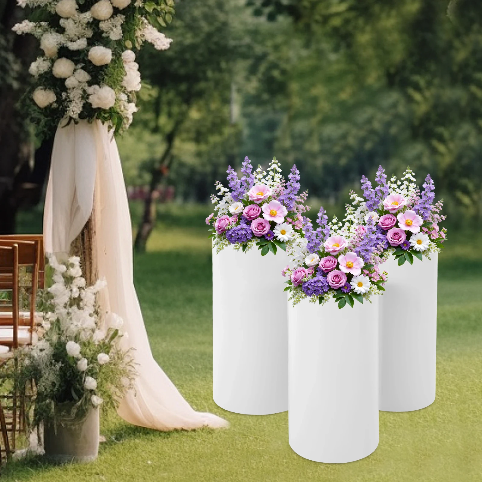 Elegant Cylindrical Stands 3 Large Platforms (10.62-12.99in Diameter), DIY-friendly for Decorating with Flowers & Balloons