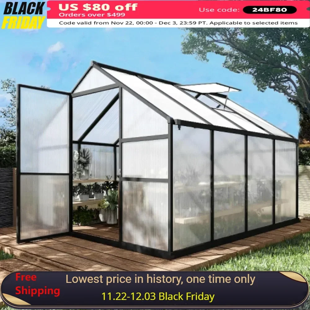 

8 X 8 FT Greenhouse with Adjustable Roof Vent, Polycarbonate Garden Backyard Greenhouses, Aluminum Large Walk-in Greenhouse