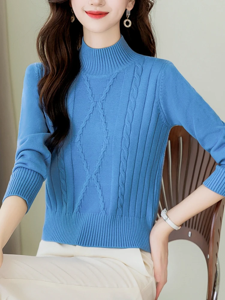 Damski sweter z wysokim kołnierzem, dzianinowy, jako warstwa bazowa, odzież wewnętrzna, modny, jesienno-zimowy, luźny krój, długi rękaw.