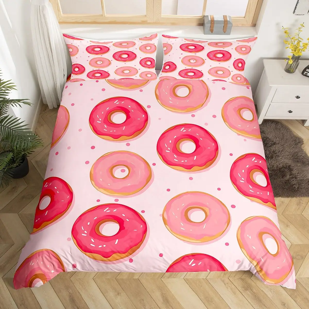 

Donuts Bedding Duvet Cover Chocolate Doughnut Bedding Set Black White Comforter Cover Microfiber Whimsical Dessert Quilt Cover