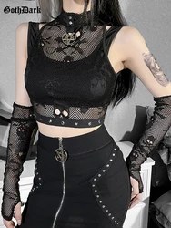 Goth Dark Skull Fishnet Mall 고딕 여성 탱크 탑 그런지 미적 펑크 블랙 크롭 탑 장갑 E-girl Emo 대체 조끼