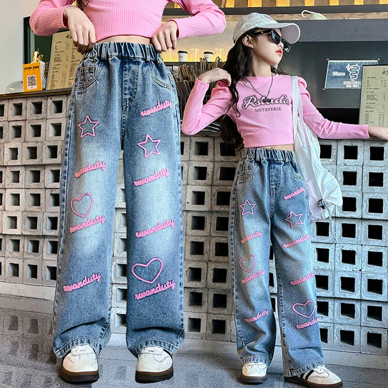 2025 Spring Autumn Teen Girls Jeans Letter Heart-Shaped Print Straight  Pants 5 6 8 10 12 14 Years Kids Denim Trousers