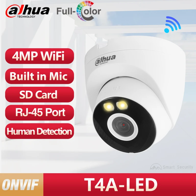 Dahua 4MP Full Wifi Color Camera Human Detection Turret IP Camera Built in Mic Warm light With Network Port Multilingual T4A-LED