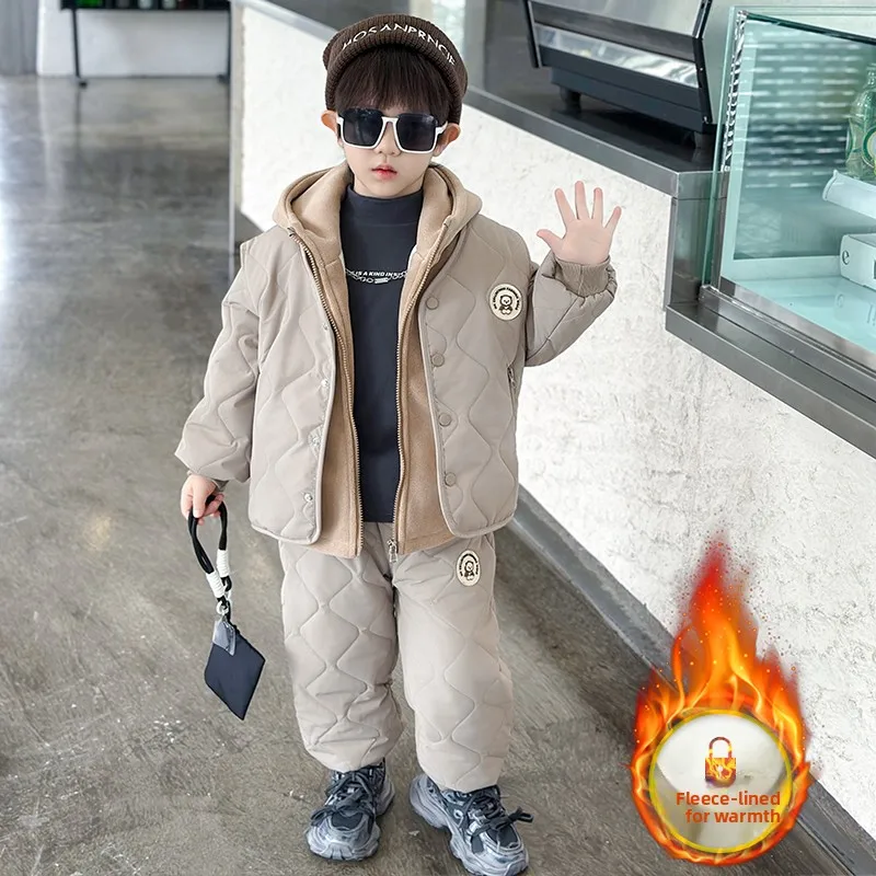 

Thiened Fce Warm Cotton Jaet Set for Boys Winter Casual Wear Tee Pieces Suit Teenage Sle Stand Fit Polyeste...