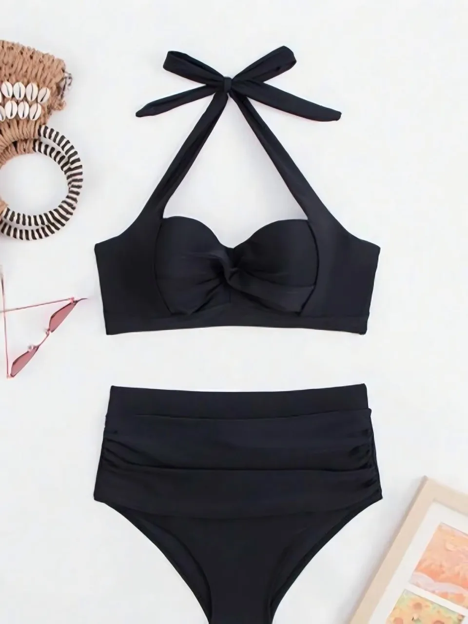 2026 Sexy Halter String Bikini Donna Vita alta Costumi da bagno Donna Twist Costume da bagno Solid Bagnanti Costume da bagno Beachwear