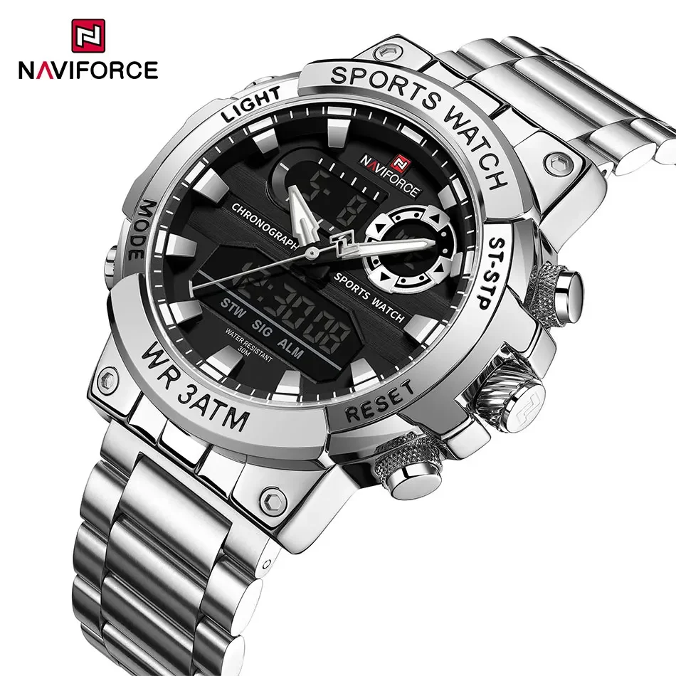 NAVIFORCE Luxury Men Quartz Watch Date Week Luminous Wristwatch Stainless Steel Men's Double Display Watches Male Sports Clock