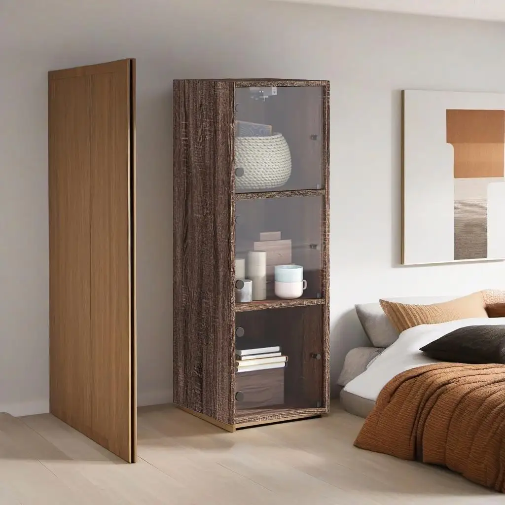 Brown Oak Wall Cabinet with Glass Doors - 35x37x100 cm Stylish Storage Solution