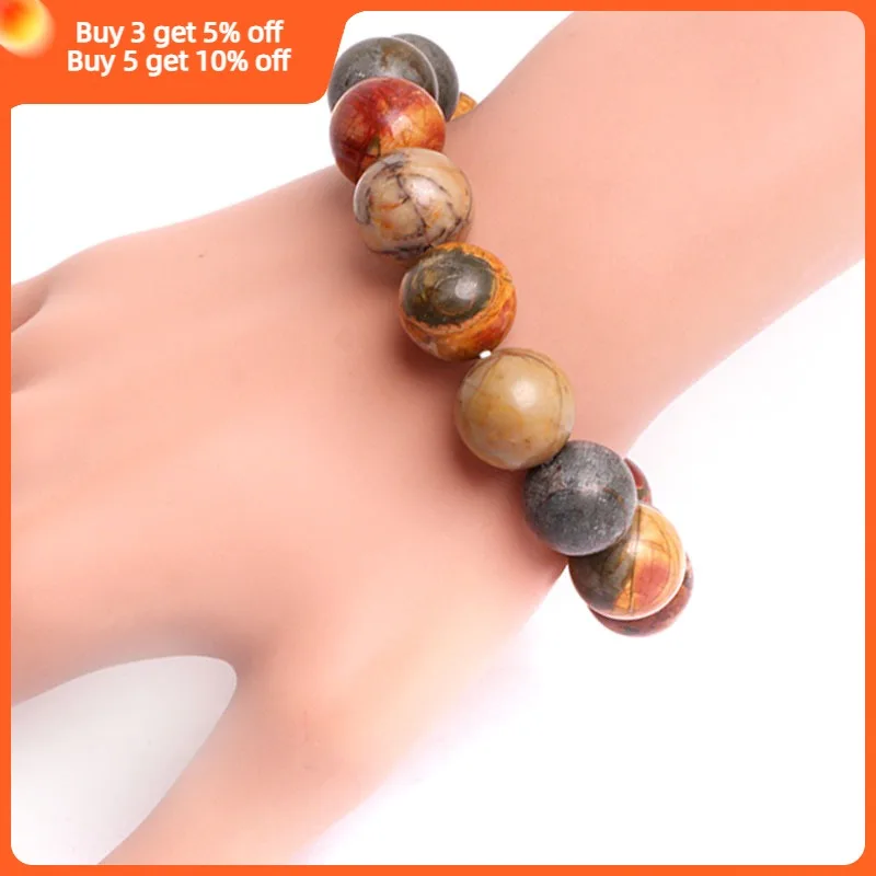 Natural Picasso Jaspers Beaded Stone Bracelet For Men Women Gift 7.5 Inch Elestic Fashion Jewelry Adjustable