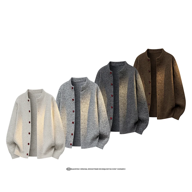 Spring Autumn Fashion Solid Color Simple Basic Round Neck Single Breasted Long Sleeved Coat Men Casual Knitted Sweater Cardigan