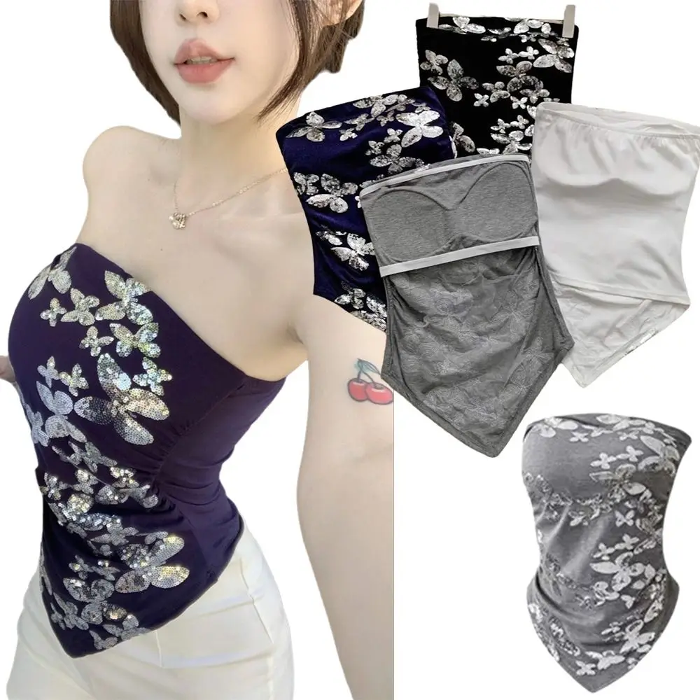 Sequin Butterfly Embroidery Strapless Tube Top Built-in Bra Slim Fit Women's Bandeau Vest Fixed Cup Design Irregular Hem