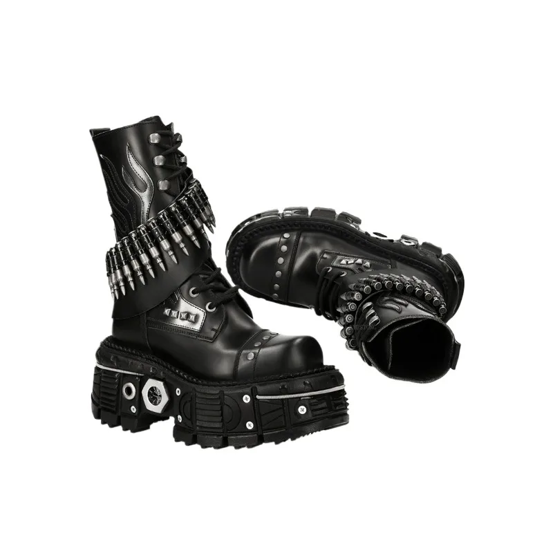 Sepatu Bot Motor Kulit Asli Model Tebal dengan Rivet dan Bullet, Gaya Street Rock Combat Boots Goth Punk Western Riding Boots