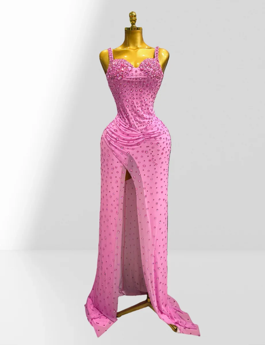 

New Shining Diamond Sexy Slit Pink Elastic Fabric Camisole Dress Haute Couture Woman Evenin Dress Birthday Party Dress