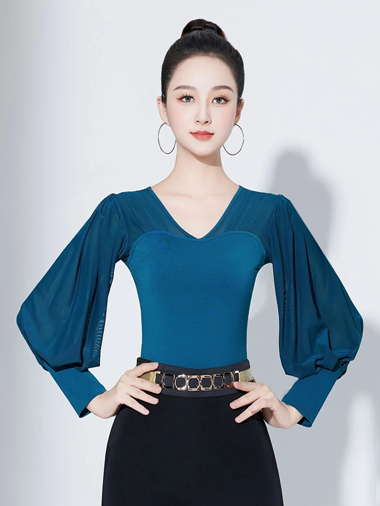 

Женская национальная стандартная танцевальная одежда, топ для латинских танцев, топ с v-образным вырезом и длинными рукавами, чача, румба, танго, современные танцевальные костюмы DQL11434