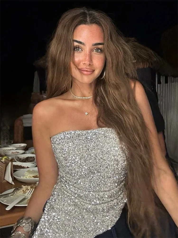 セクシーなスパンコールの背中見せチューブトップ、女性用ファッショングリッターパッチワークハイウエストソリッドクロップドトップ、女性用サマーY2Kトップ2026