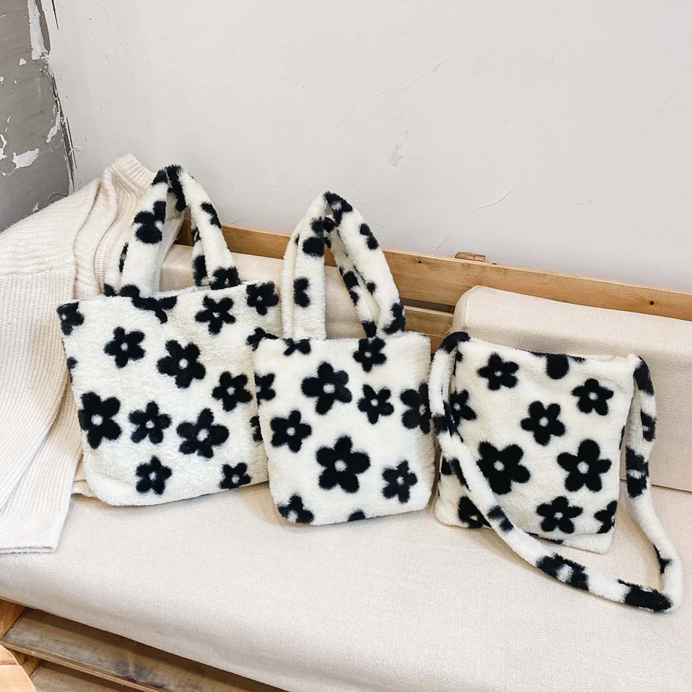 

Retro Fluffy Flower Printed Totes Autumn Lady Plush Square Satchel Shoulder Bags