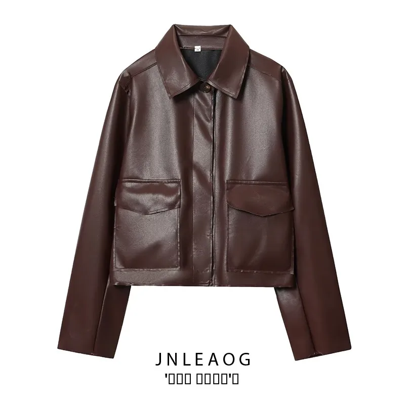 

Faionable ort Leather Jaet Women's Autumn New Sle JNLEAOG Versatile Design Sense Polyester Fiber Long Sve Zipper