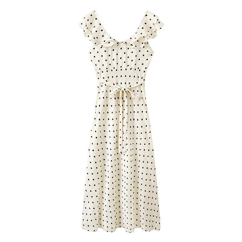 Ele High Waist A-Line Dr with Polka Dot Print Sa V-Ne ort Sve Midi Dr Satin Fabric Summer Faion 2025