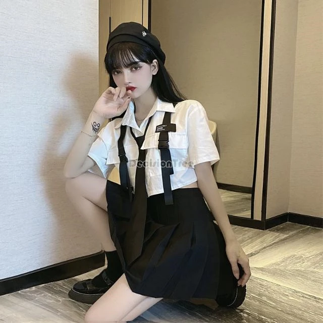 2024 Summer new Korean academy style women loose short cargo shirt tie shirt pleated shoirt skirt fashion two-piece jk set w749