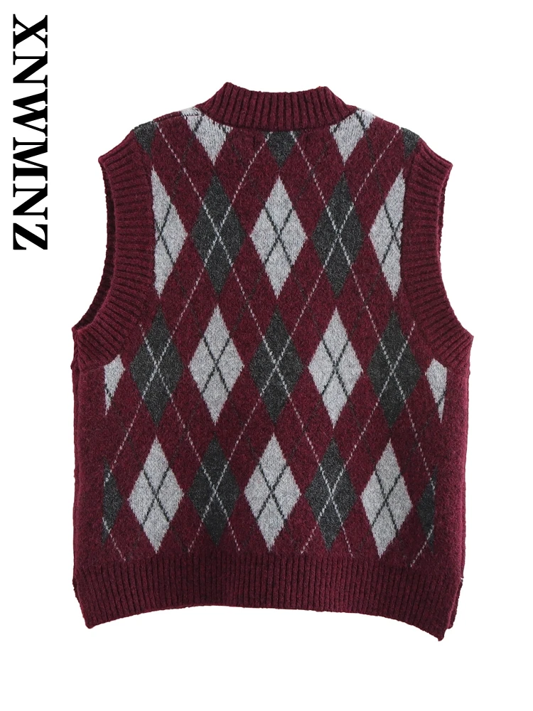 XNWMNZ 2024 Autumn New Woman Retro V-Collar Knit Top Sweater Casual Woman's Sleeveless Gilet Regular Fit Vest Print Jumper Plaid