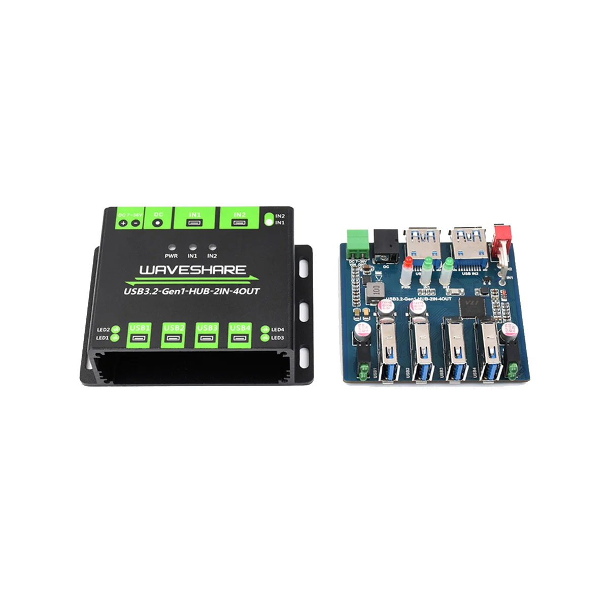 AT87-Waveshare Industrial 4-Way USB3.2 Gen 1 Hub 2IN-4OUT Dual Host Shared Random Switching Multiple Protection Circuit 5Gbps