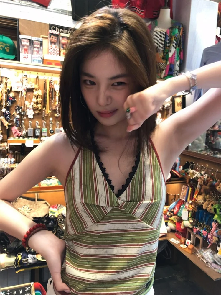 Camiseta sin mangas Retro v-ne ter Ne a rayas para mujer, Top de modelo ort cosido con cintura picante para verano al aire libre