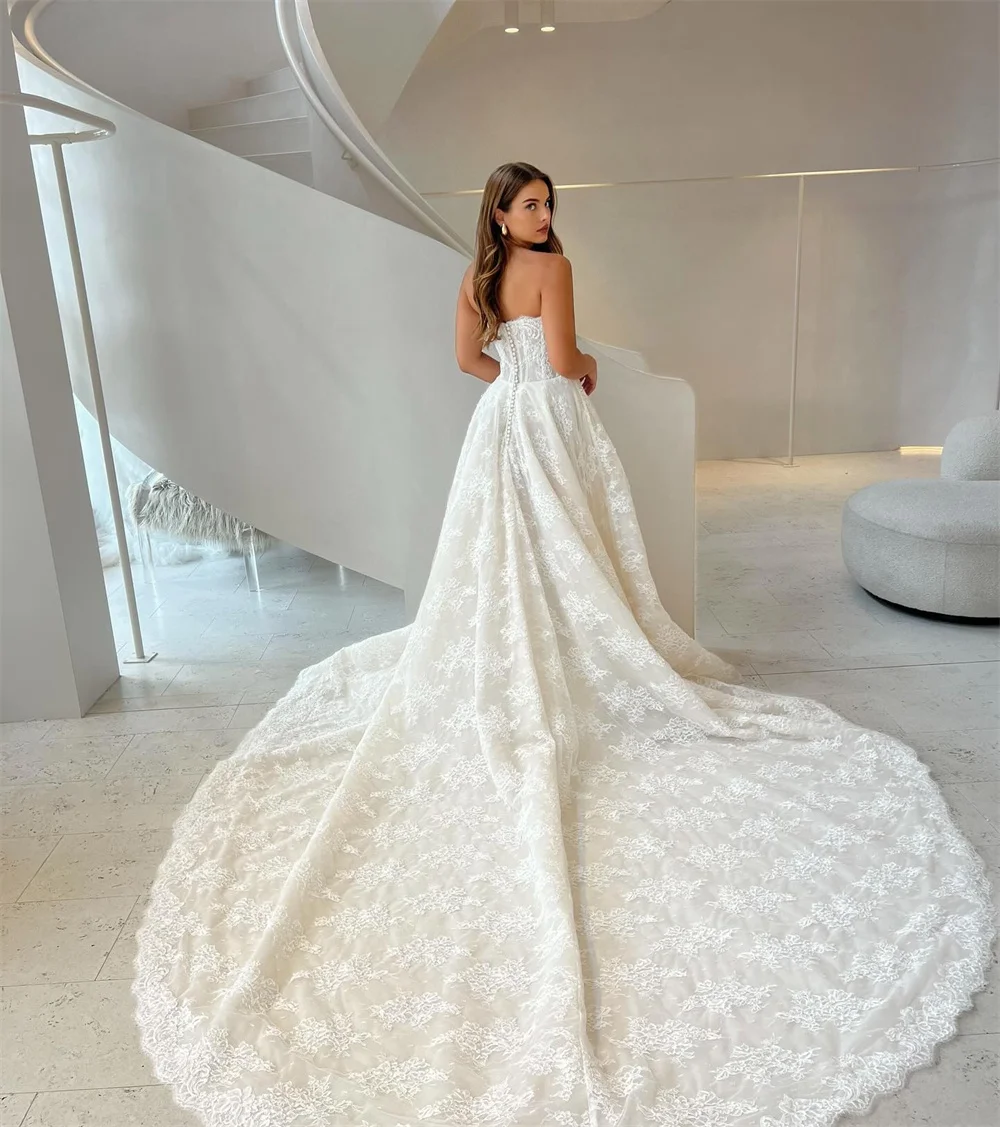 Kyoto Customized Ivory Lace Appliques Sleeveless Wedding Dress A-line Button Back vestidos de novia Chapel Train Evening Dresses image 2