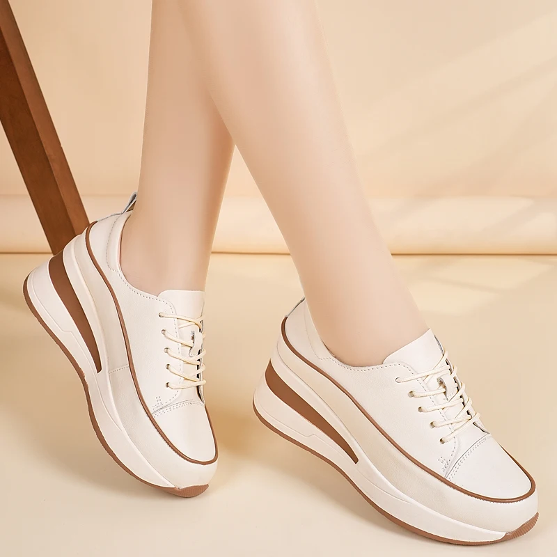 

Women's Platform Wedge Lace-Up Sneakers, Beige Color Block Height Increasing Walking Shoes, Comfortable Non-Slip Casual Shoes