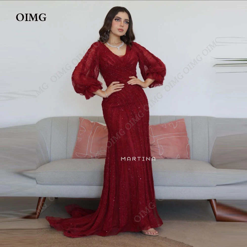 

OIMG Burgundy Sequin V Neck Mermaid Prom Dresses Long Sleeves Sparkly Arabic Evening Formal Party Gown Slit Side Robes