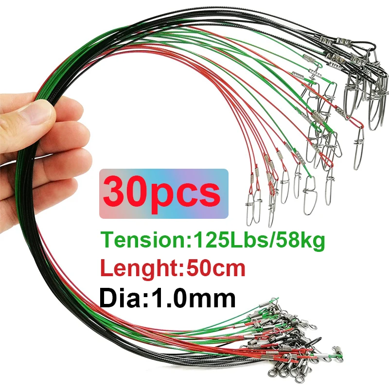 REDTOMATO 30Pcs Sea Fishing Leader Line Dia 1.0mm Stainless Steel High Strength Wire Line with Swivels and Snaps Fishing Tools