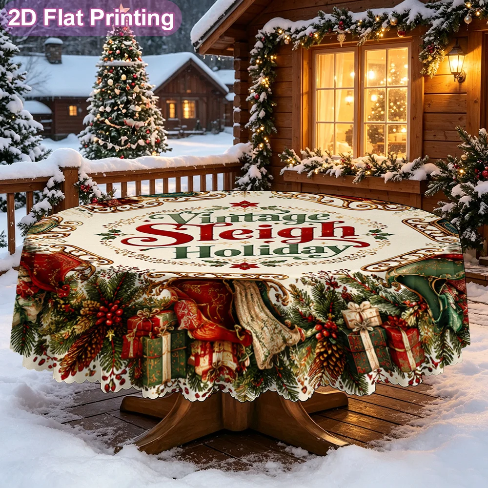 2D flat single-piece round tablecloth, retro sleigh festival wreath pattern
