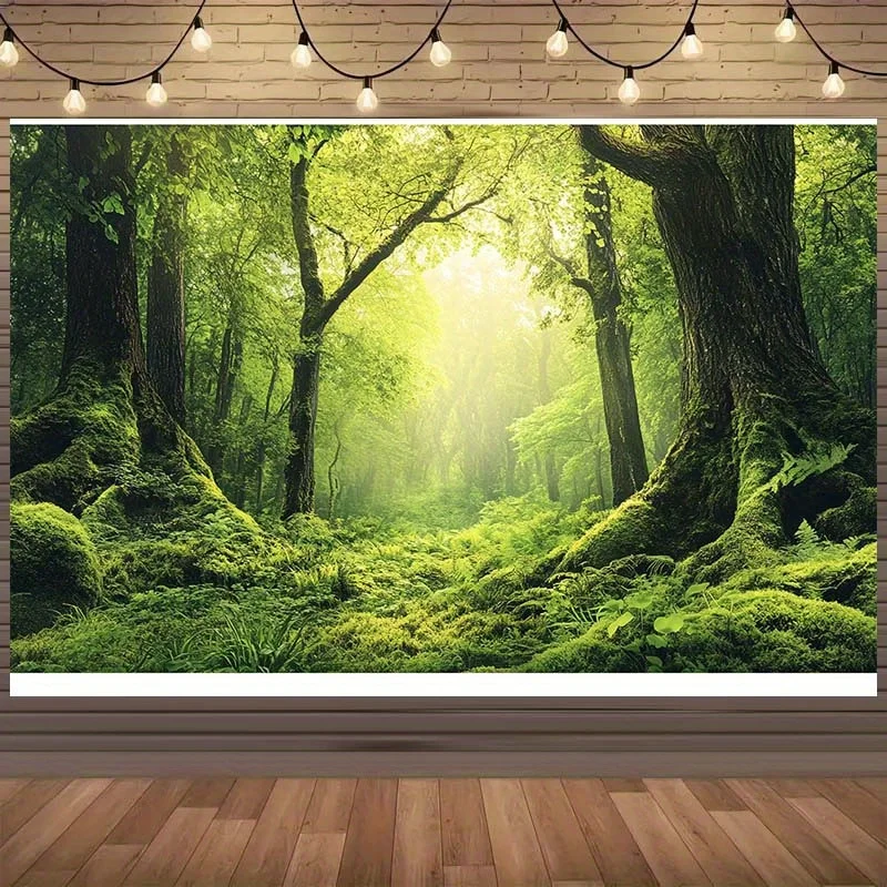 1 Fondo de fiesta del bosque mágico: grupos de plantas verdes y árboles altos, no requiere poder