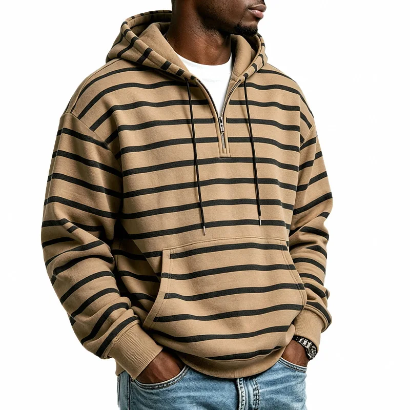 Fashion Autumn Winter Drawstring Hooded Sweatshirt Contrast Color Stripe Long Sleeve Casual Top Daily Street Matching Hoodie Men