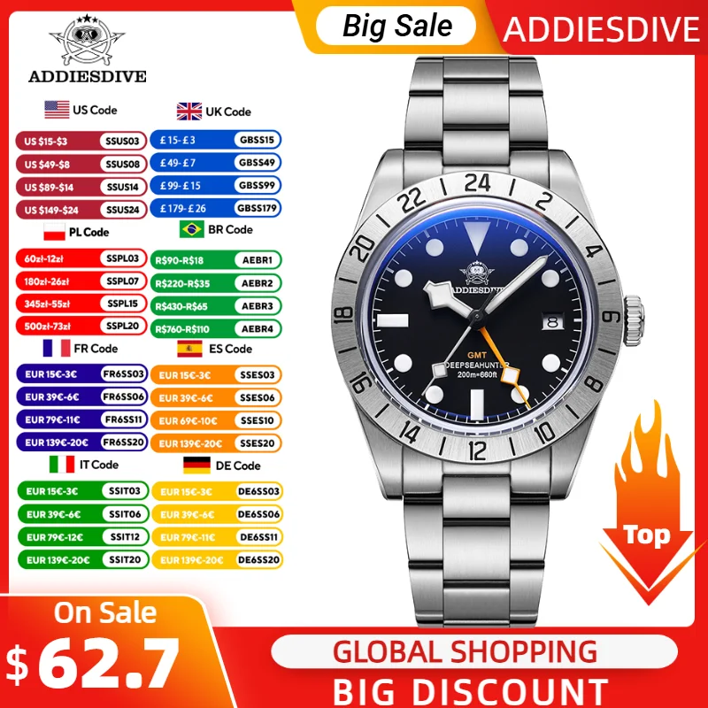 

ADDIESDIVE Men‘s Watch 200m Dive Waterproof GMT Quartz Watch Men Super Luminous 316L Stainless Steel Dual Time Zones Wristwatch