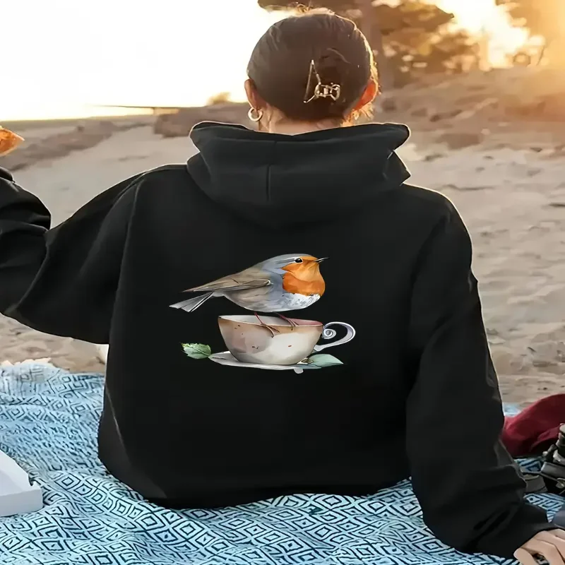 

Женская мягкая толстовка с птицей, чашка чая, графика, можно стирать в машине, осенне-зимний сезон, повседневная шикарная верхняя одежда, повседневный наряд для вечеринки
