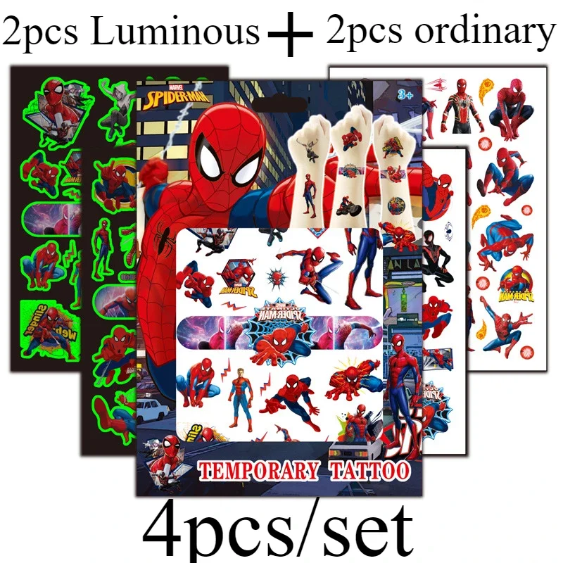 4pcs/set Spiderman Tattoo Stickers Cartoon Disney Stickers Disposable Tattoo Decal Kids Birthday Party Decoration Toys