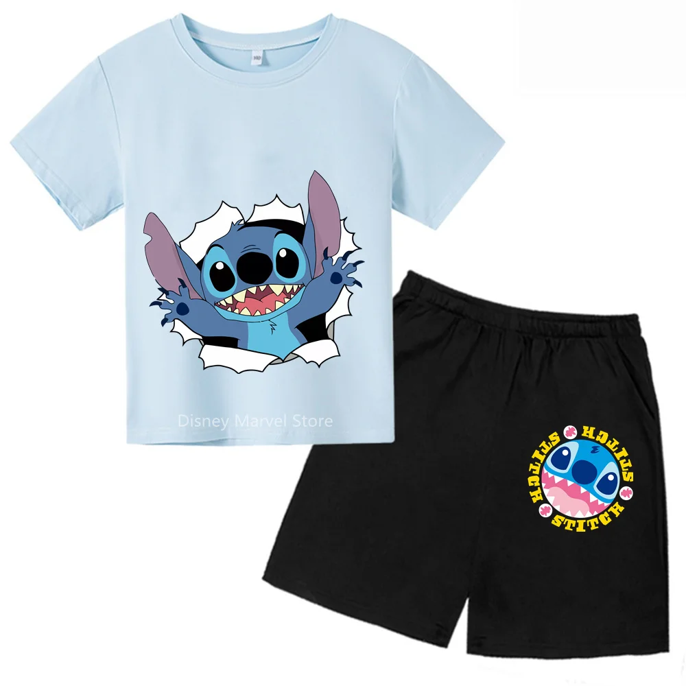 Disney Stitch Summer Vibe! Boys Girls T-Shirt Shorts Highlighting Cute Cartoon - Casual Wear For Outdoor Adventures Ages 3-14