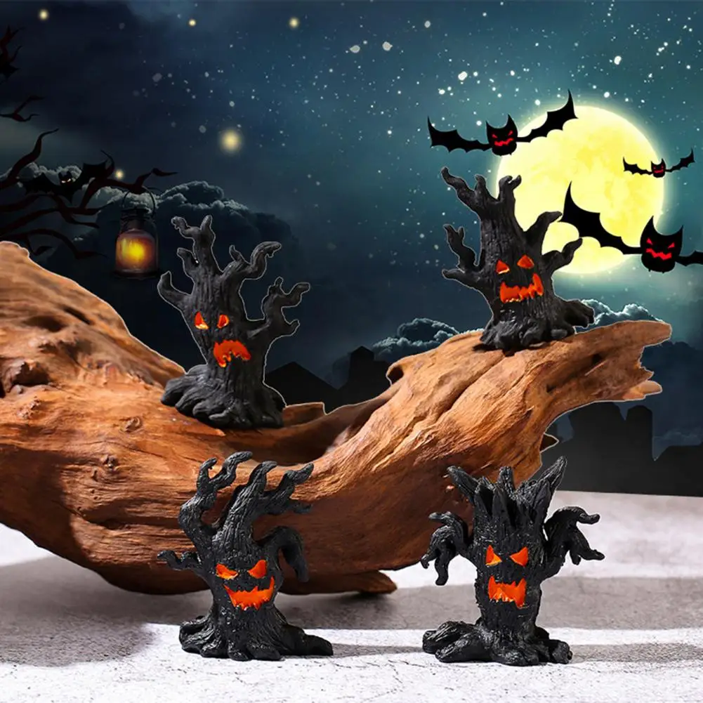 1/4Pcs Halloween Spooky Tree Figurine Ghost Tree Stump Resin Statue Sculpture Indoor Outdoor Garden Desktop Decoration Ornament