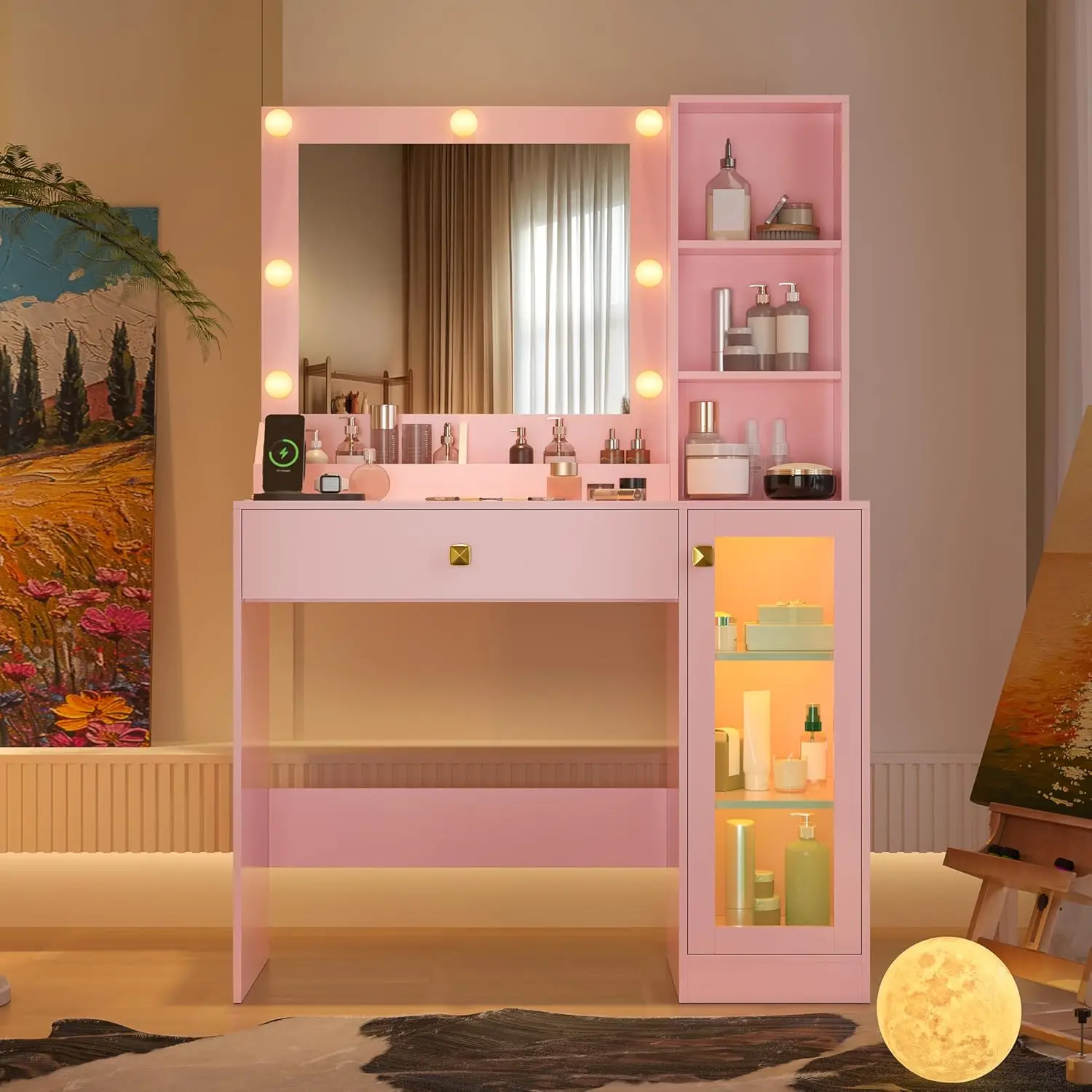 Pink Vanity Desk with Mirror & Lights, 34