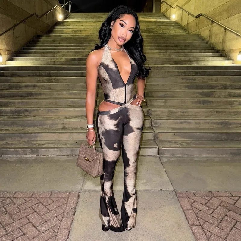 

Осень 2025 года, ажурный лоскутный узкий комбинезон с принтом, женский сексуальный пикантный комбинезон для девочек с v-образным вырезом и лямкой на шее, уличные комбинезоны с открытой спиной