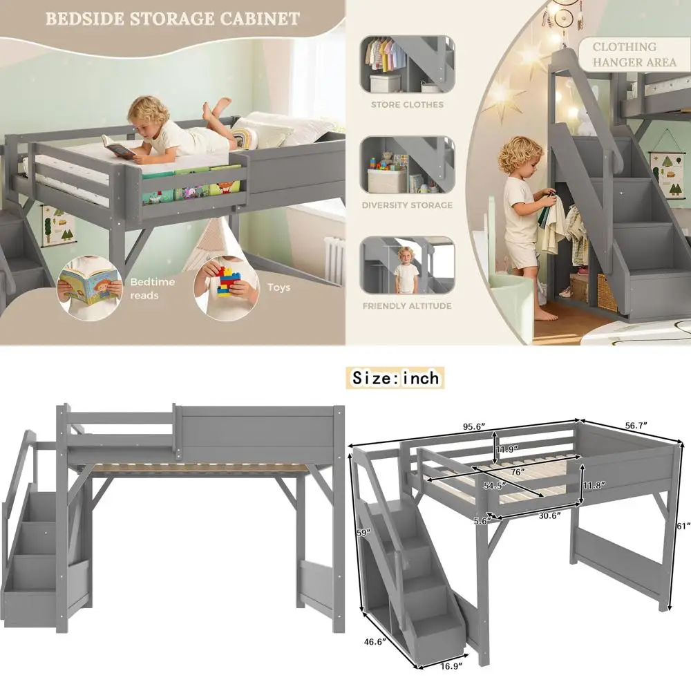 Full Size Kids Loft Bed with Stairs, Wardrobe, and Bookshelf - Space-Saving Design for Boys and Girls in Gray