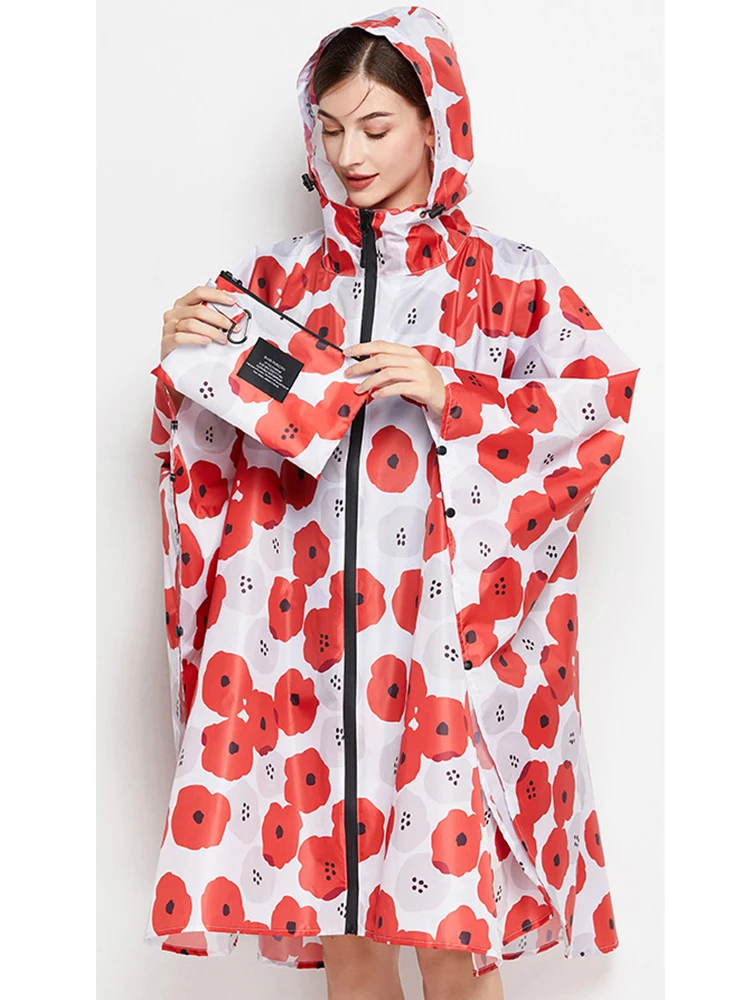 Hooded Rain Poncho Waterproof Raincoat Jacket for Women Adults Print Flower