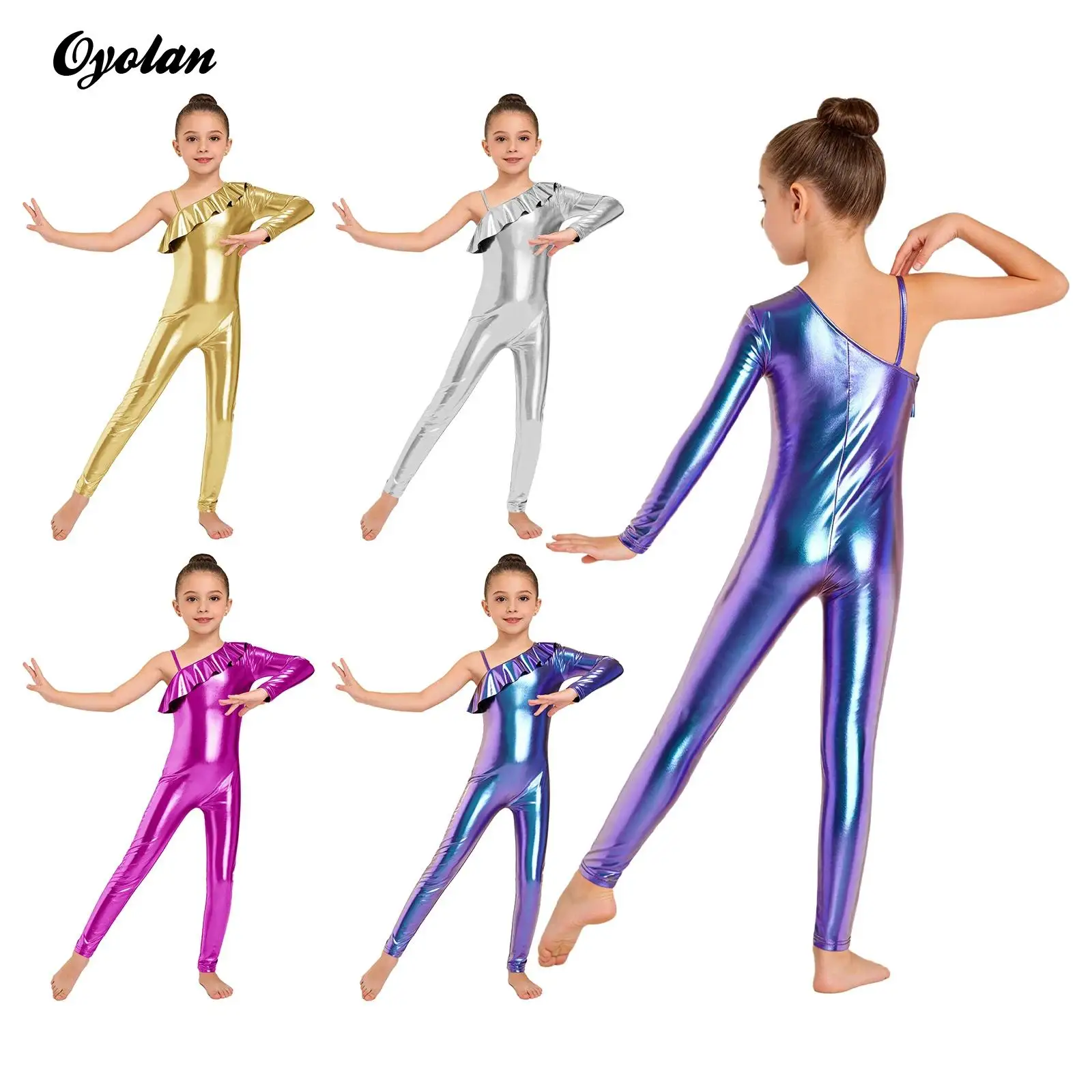 

Kids Girls Jazz Dance Performance Wear Ruffle Metallic Ballet Dance Unitards Costume Side Invisible Zipper Shiny Jumpsuit