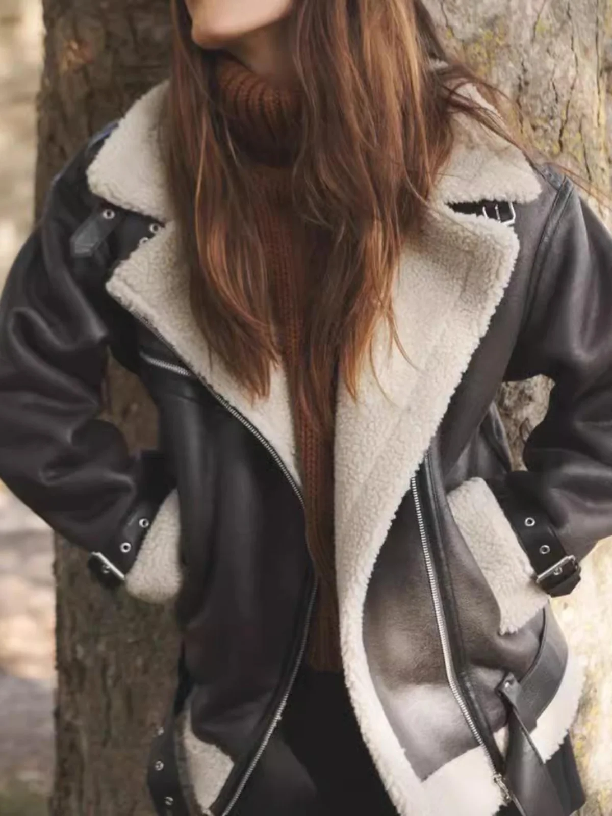 ملابس خارجية لراكبي الدراجات النارية ذات ياقة على الوجهين طويلة Sve من الجلد والفرو Jaet ملابس خارجية للخريف والشتاء وصل حديثًا 8073263