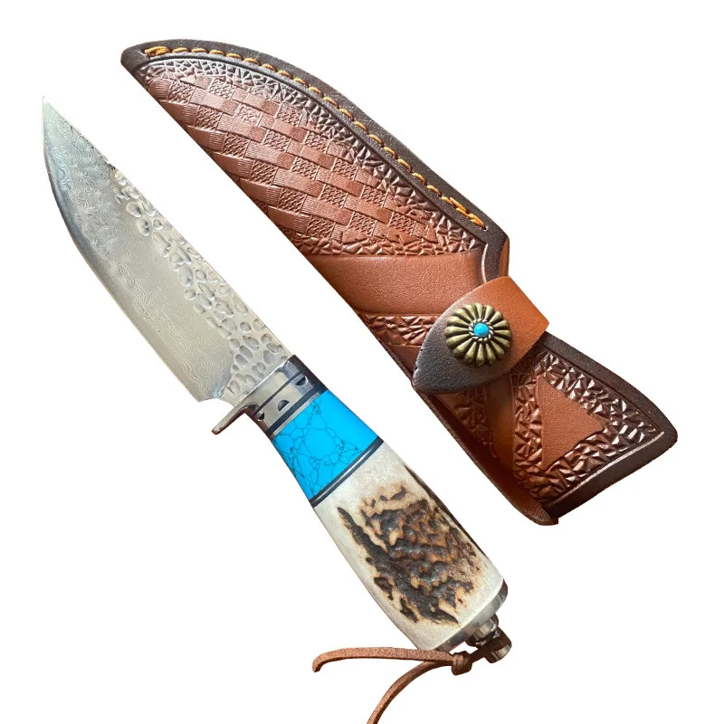 

Turquoise 60HRC Hardness Handmade Damascus Steel VG10 Core Fixed Blade Straight Knife Outdoor Camping Survival Hunting Knife