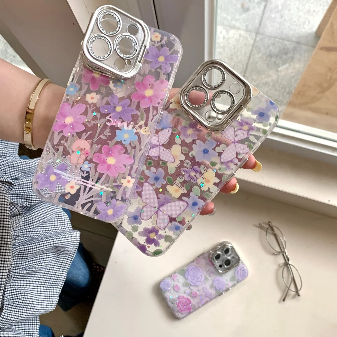 

Oil Painting Butterfly Flower Phone Case For iPhone 14 15 17 Pro Max 16 Plus Bing Sequin Camera Protection Shockproof Cover