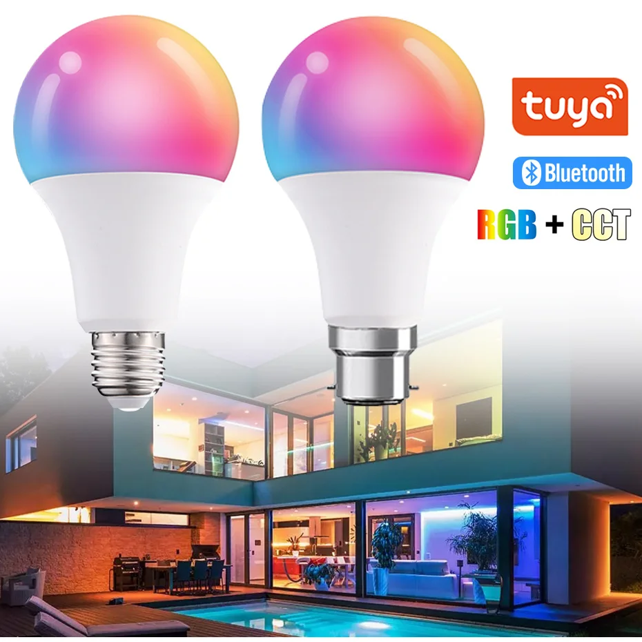 110V 220V Tuya Bluetooth Smart Bulb E27 E26 B22 RGB Dimmable LED Magic Light 15W RGBWW CW Led Bulb for Home Party Lighting