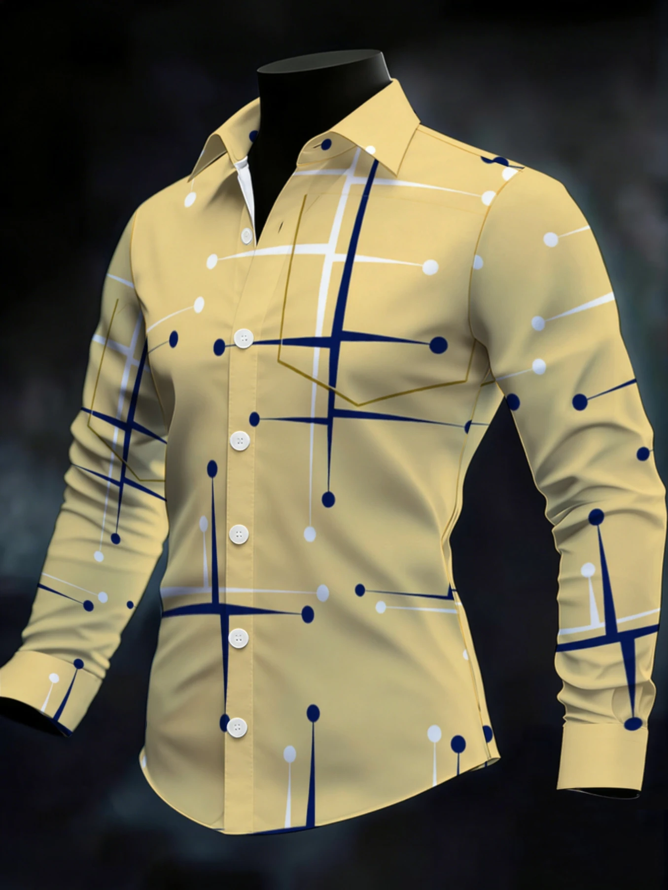 Men Long Sleeve Button Down Shirt Yellow Blue Dot Line Geometric Print Polyester Lapel Collar Casual