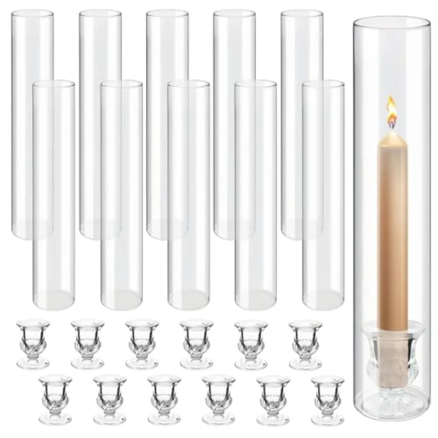 

12 Sets Glass Hurricane Candle Holders - 12.6" Glass Candlestick Holders with Clear Tall Cylinder Candle Sleeves for Wedding, C