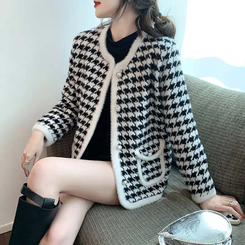 Spring 2023 New Little Fragrance Houndstooth Imitation Mink Sweater Jacket Short Loose Knit Cardigan Women's Top