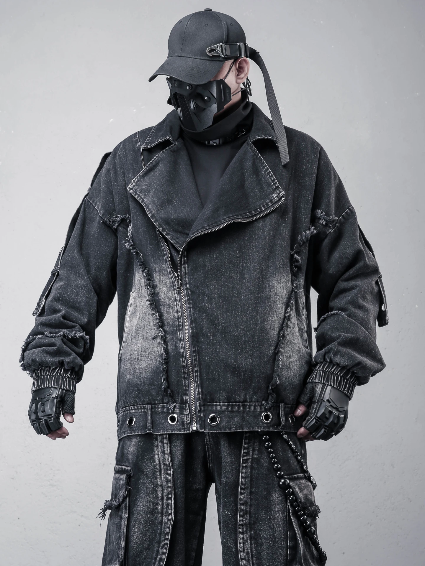 Fashion Waste Soil Style Retro Biker's Rock Distressed Oblique Zipper Edging Winter Denim Jacket Fleece Padded
